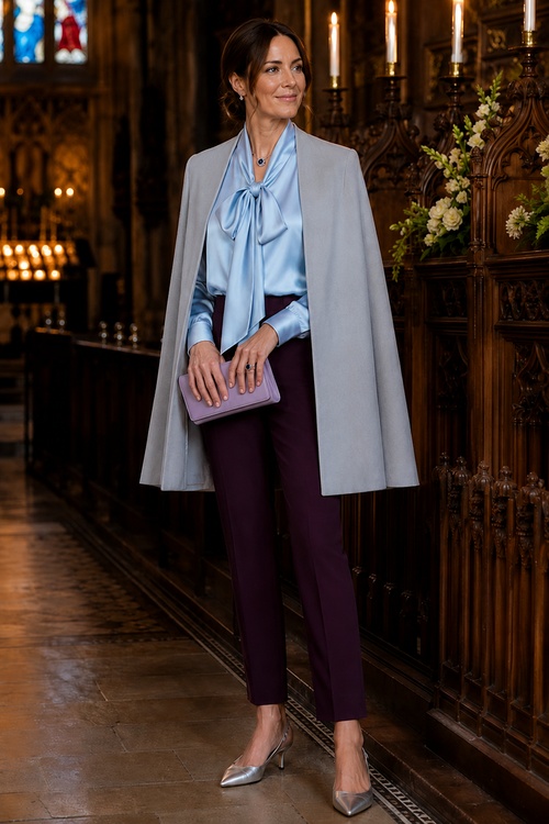 a woman wears a light blue bow blouse with plum trousers, a gray cape, silver heels, and a lilac clutch