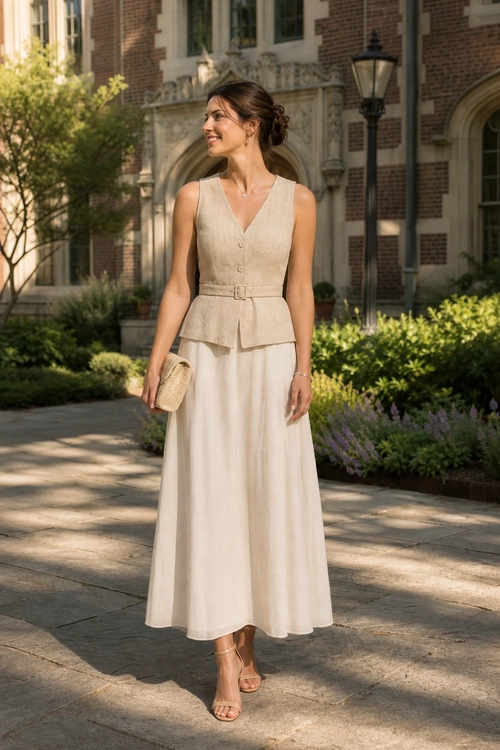 Beige Belted Vest and Flowing Skirt A woman wears a sleeveless beige belted vest with a flowing cream skirt, woven clutch, and strappy sandals outdoors.