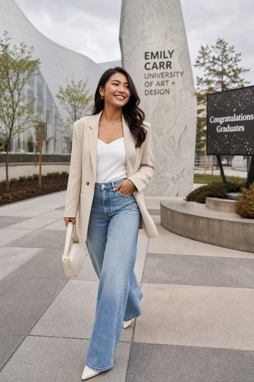 A woman wears a beige blazer over a white top with light blue wide-leg jeans, pointed white shoes, and a small white handbag.
