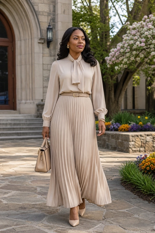 A woman wears a beige tie-neck blouse with a belted pleated skirt, pointed-toe pumps, and a structured handbag.