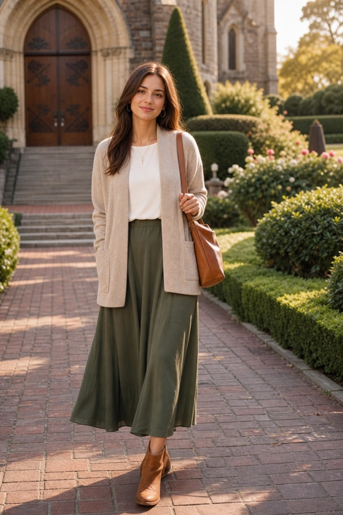 Beige Cardigan and Olive Skirt Outfit A woman wears a beige open cardigan over a white top with an olive flowing midi skirt, brown ankle boots, and a leather shoulder bag.