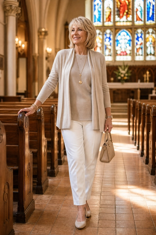 A woman wears a beige knit top and open cardigan with white trousers, beige pumps, and a tan handbag.
