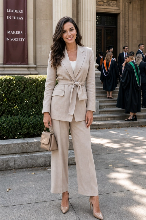 Woman wearing a belted beige blazer with matching wide-leg trousers, a white top, nude pointed heels, and a structured handbag.