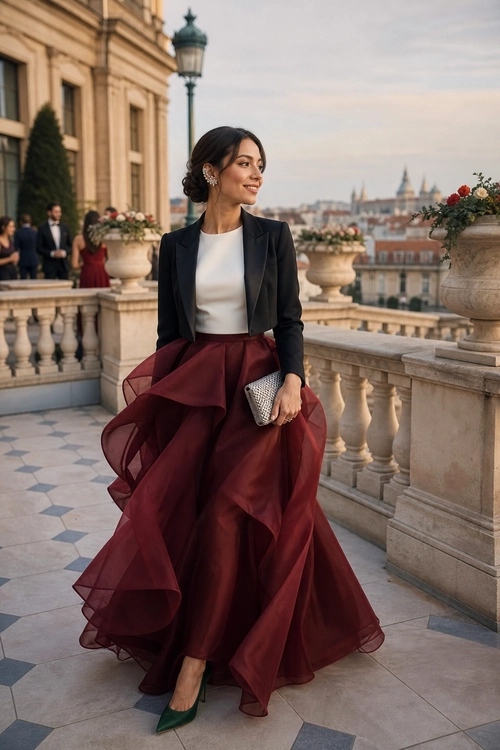 A woman wears a cropped black blazer over a white top with a flowing burgundy layered skirt, green pointed shoes, and a silver clutch.