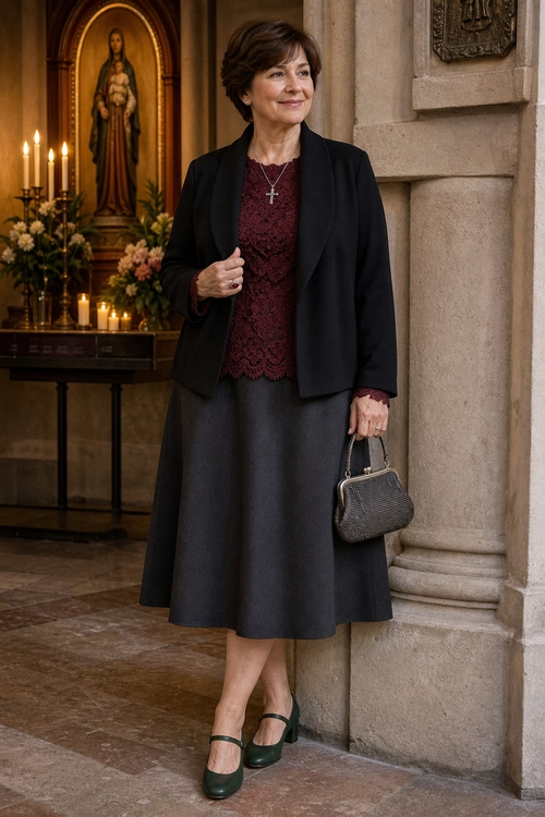 A woman wears a black blazer over a burgundy lace top with a charcoal midi skirt, green Mary Jane shoes, and a gray handbag.