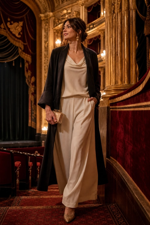 Black Coat with Satin Trousers A woman wears a long black coat over a champagne satin cowl-neck top and wide-leg trousers with pointed heels and a gold clutch.
