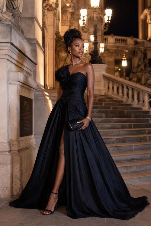 A woman wears a sculptural black evening gown with a thigh-high slit and long flowing train on an ornate grand staircase.