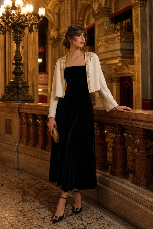 Black Dress with Embroidered Bolero A woman wears a black strapless dress with a cream embroidered bolero, black ankle-strap heels, and a gold clutch.