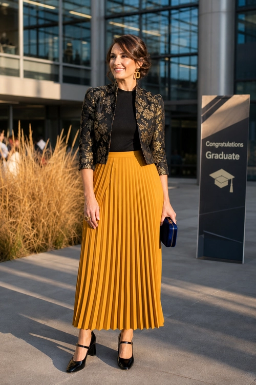 A woman wears a black floral jacket over a black top with a mustard pleated skirt, black Mary Jane heels, and a blue clutch.