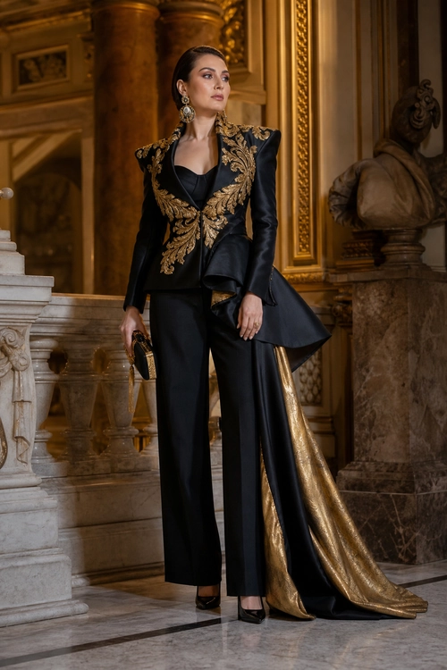 A woman wears a black tailored jacket with ornate gold embroidery, black trousers, and a dramatic black-and-gold trailing skirt in an ornate interior.