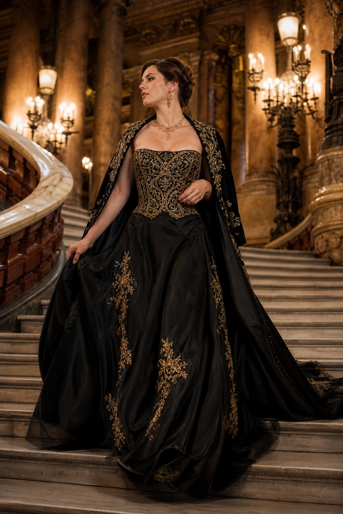 A woman wears a black evening gown with ornate gold embroidery, a flowing cape, and coordinating jewelry on a grand staircase.