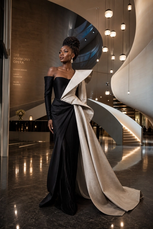 A woman wears a sculptural black evening gown with long opera gloves and a champagne metallic draped train in an elegant interior.
