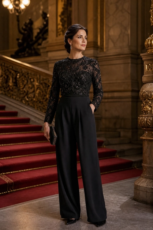 A woman wearing a black lace long-sleeve jumpsuit with wide-leg trousers and a small black clutch on an ornate red-carpeted staircase.