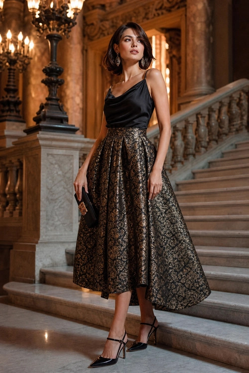 A woman wears a black satin camisole with a metallic floral jacquard midi skirt, black clutch, drop earrings, and strappy heels on a grand staircase.