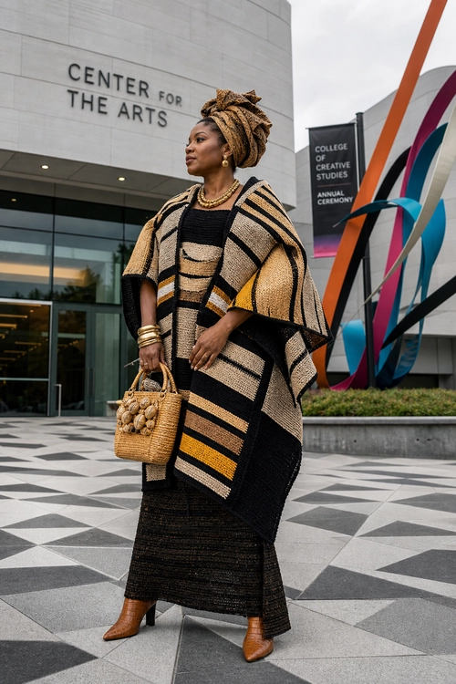 A woman wears a black and tan patterned knit poncho with a long black skirt, brown ankle boots, a woven handbag, and a coordinated headwrap.