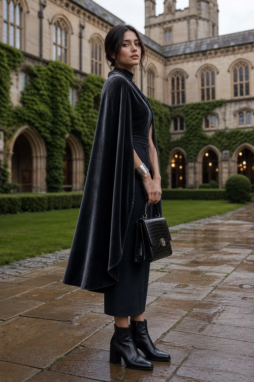 A woman wears a flowing black velvet cape over a black midi outfit with ankle boots, a structured handbag, and a silver cuff bracelet.