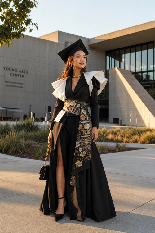 A woman wears a dramatic black graduation outfit with white ruffled shoulders, a floral brocade sash, black heels, and a small chain-handle handbag.