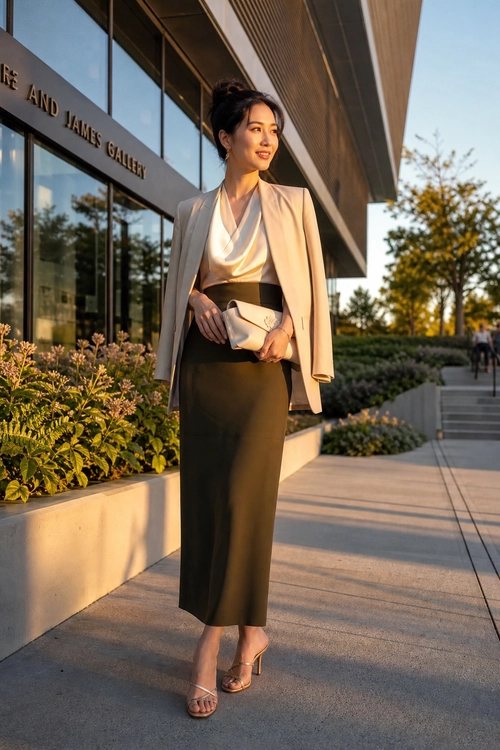 A woman wears a beige blazer over a champagne satin blouse with a dark midi skirt, clutch, and strappy heeled sandals.