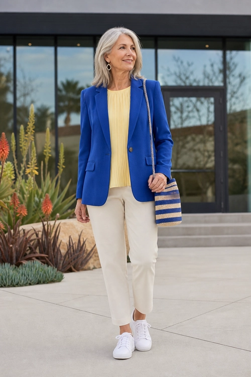 A woman wears a cobalt blue blazer over a pale yellow pleated top with cream trousers, white sneakers, and a striped shoulder bag.