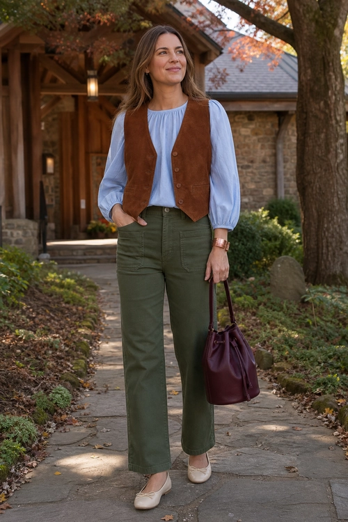 A woman wears a light blue blouse with a brown vest, olive green cropped pants, beige flats, and a burgundy handbag.