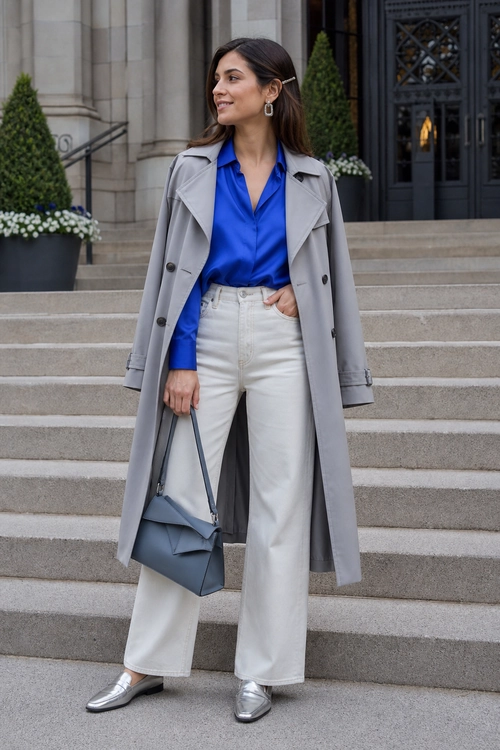 A woman wears a bright blue blouse, gray trench coat, white wide-leg trousers, metallic loafers, and a blue-gray shoulder bag.