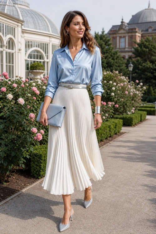 A light blue blouse paired with a cream pleated midi skirt, matching clutch, and pointed heels.