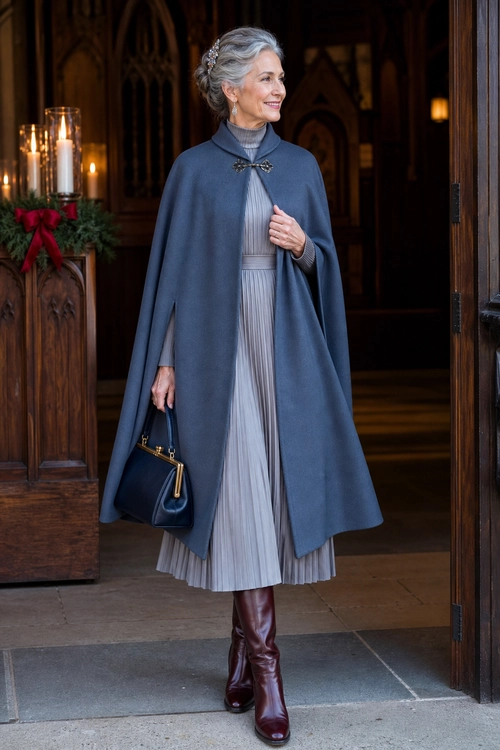 Blue Cape and Pleated Dress Outfit An elegant outfit featuring a blue-gray cape over a light gray pleated dress, burgundy knee-high boots, and a navy handbag.