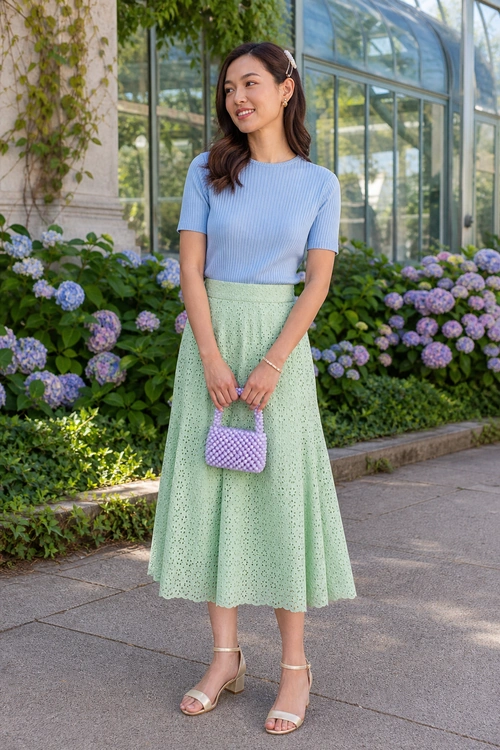 Blue Top and Mint Eyelet Skirt Outfit Woman wearing a light blue ribbed short-sleeve top with a mint eyelet midi skirt, lavender quilted handbag, and beige wedge sandals.