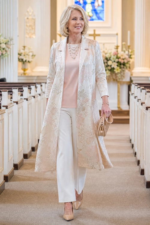 A woman wears a blush top, long sheer floral lace coat, white wide-leg trousers, nude pointed heels, layered necklaces, and carries a tan handbag.