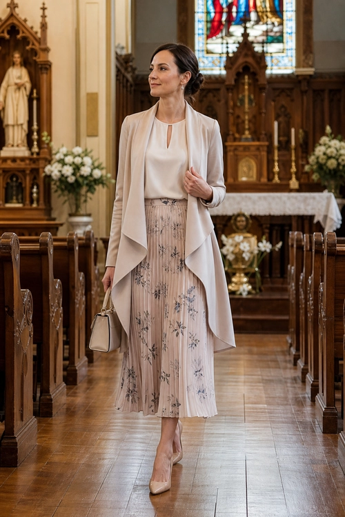 Elegant Blush Midi Skirt Outfit Woman wearing a blush blouse, flowing long cardigan, floral pleated midi skirt, nude pointed heels, and a small handbag.