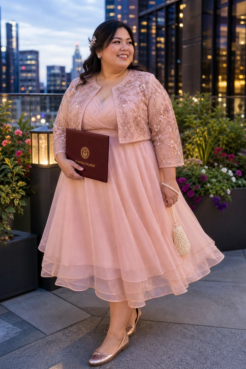 Blush Pink Embroidered Dress Look A woman wears a blush pink layered dress with an embroidered cropped jacket, metallic flats, and a beaded clutch on a rooftop terrace.