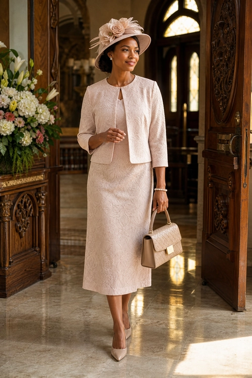 Woman wearing a blush pink textured skirt suit with a floral hat, structured handbag, bracelet, and pointed-toe pumps.