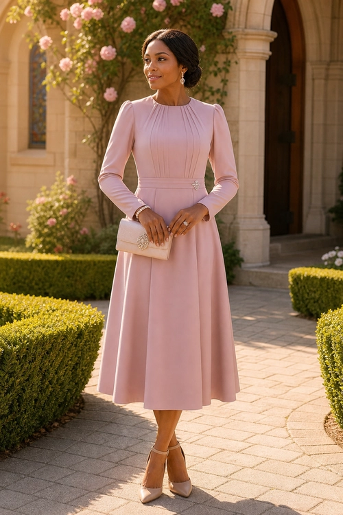 Woman wearing a long-sleeved blush pink midi dress with a matching clutch and pointed-toe heels in a garden setting.