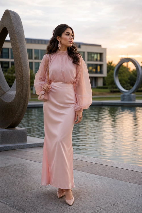 A woman wears a blush pink high-neck satin dress with sheer long sleeves, pointed-toe heels, a small shoulder bag, and drop earrings.
