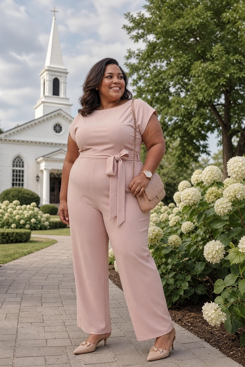 A woman wears a blush pink short-sleeve jumpsuit with a tied waist, pointed bow shoes, a quilted shoulder bag, and a watch.