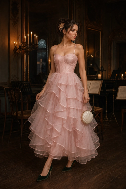 A woman wears a blush pink corset-style dress with layered tulle ruffles, dark green pointed heels, and a shell-shaped cream clutch.
