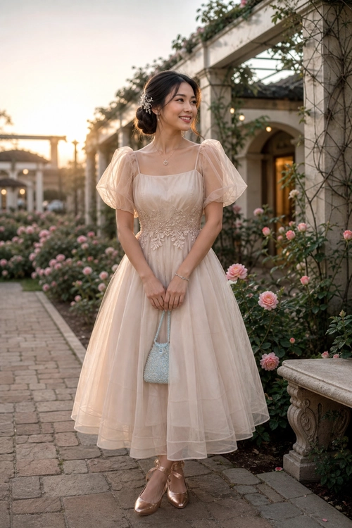 Blush Tulle Garden Party Dress Woman wearing a blush tulle dress with puff sleeves, a small beaded handbag, and metallic pointed shoes in a rose garden.