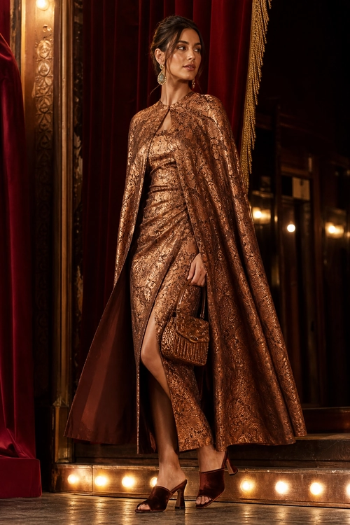 A woman wears a bronze metallic patterned dress with a matching cape, drop earrings, a textured clutch, and brown heeled mule sandals.