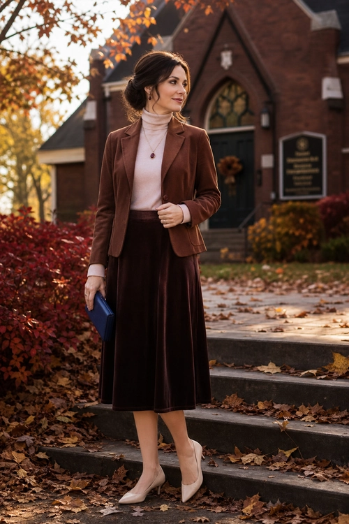 A woman wears a brown blazer over a cream turtleneck with a dark brown midi skirt and pointed nude heels.
