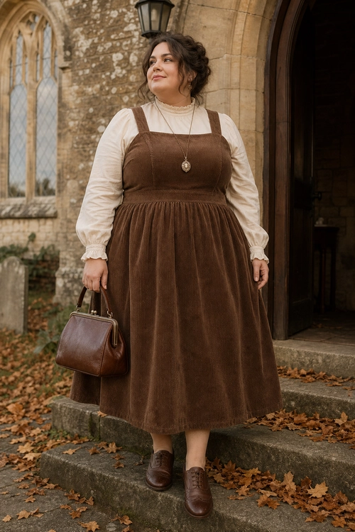A brown corduroy pinafore midi dress is styled with a cream long-sleeve blouse, pendant necklace, brown handbag, and brown lace-up shoes.