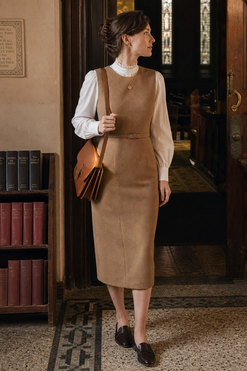 Brown Pinafore Dress with White Blouse A woman wears a brown midi pinafore dress over a white high-neck blouse with puff sleeves, paired with a brown shoulder bag and loafers.