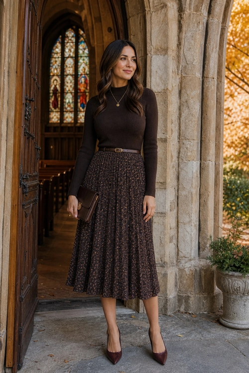 A woman wears a dark brown ribbed long-sleeve top with a belted printed midi skirt, pointed heels, a pendant necklace, and a brown clutch.
