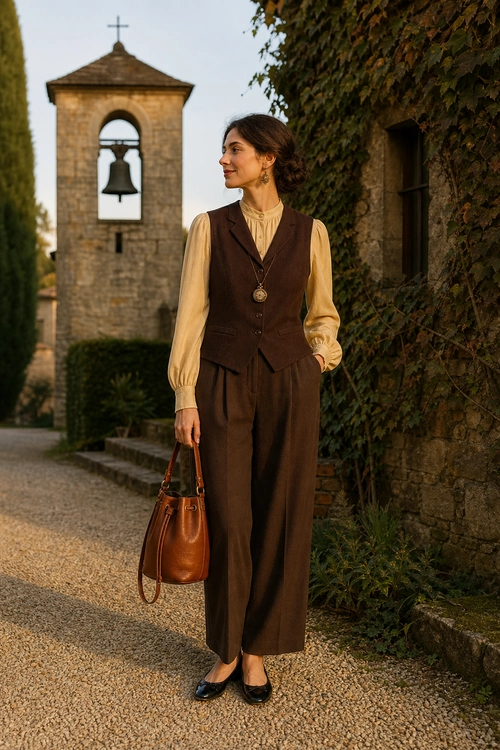 A tailored brown vest and wide-leg trousers worn with a cream blouse, black flats, and a brown leather handbag.