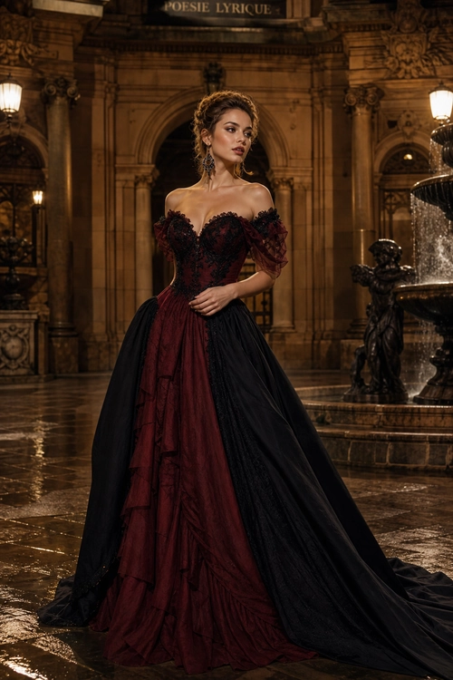 Burgundy and Black Ball Gown A woman wears a burgundy and black off-the-shoulder ball gown with lace detailing and dangling earrings.