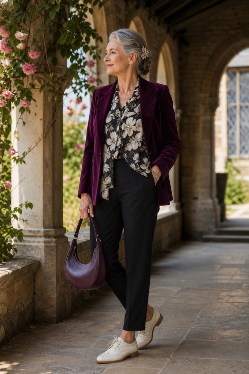 A woman wears a burgundy blazer over a black floral blouse with black trousers, white brogues, and a burgundy shoulder bag.