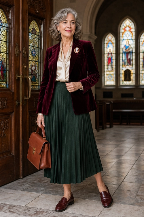 A woman wears a burgundy velvet blazer over an ivory blouse with a dark green pleated midi skirt, burgundy loafers, and a brown leather handbag.