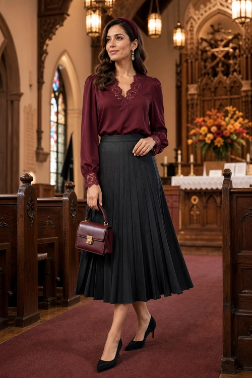 Burgundy Blouse and Pleated Skirt Outfit A woman wears a burgundy lace-trim blouse with a black pleated midi skirt, black pointed heels, and a matching burgundy handbag.