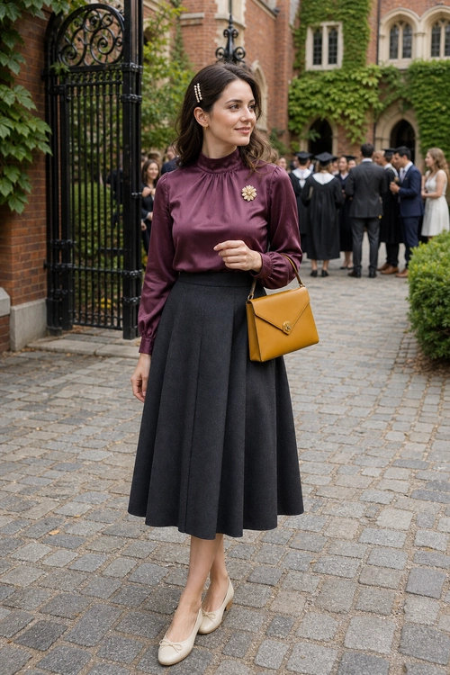 Burgundy Blouse and Charcoal Midi Skirt Outfit A woman wears a burgundy high-neck blouse with a charcoal midi skirt, mustard shoulder bag, floral brooch, and cream ballet flats.