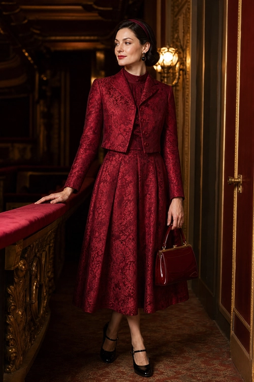 A woman wears a burgundy patterned cropped jacket with a matching midi dress, black Mary Jane heels, and a structured burgundy handbag.