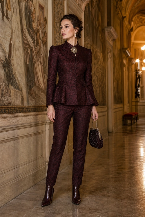 A woman wears a burgundy patterned peplum jacket with matching tailored trousers, ankle boots, a brooch, and a small beaded handbag.